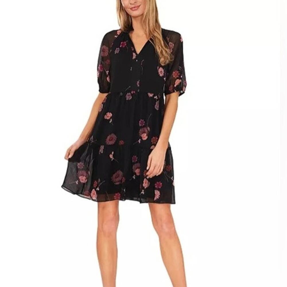 Cece Women's Black Floral Pattern Babydoll Short 100% Polyester Sz M
